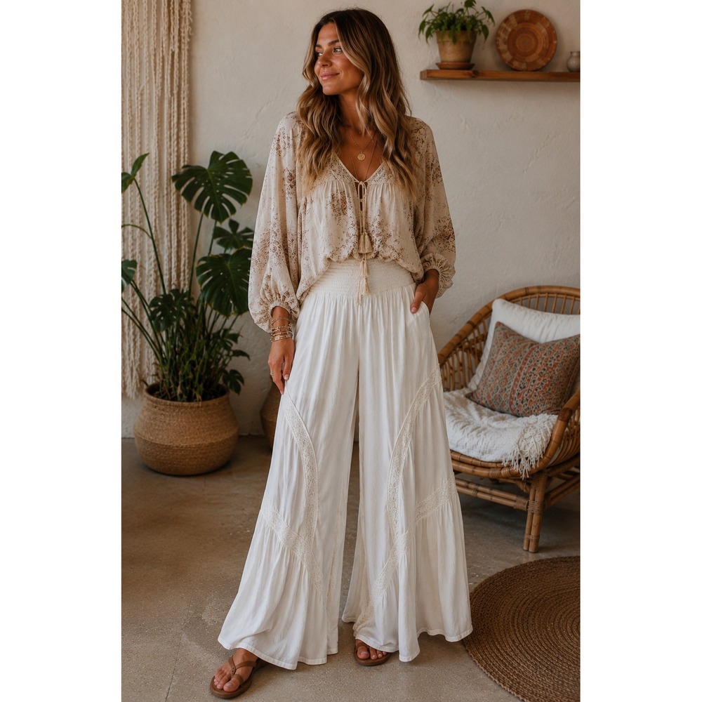 Venus White Wide Leg Crochet Lace Smocked Waist Boho Beach Pants Womens XL